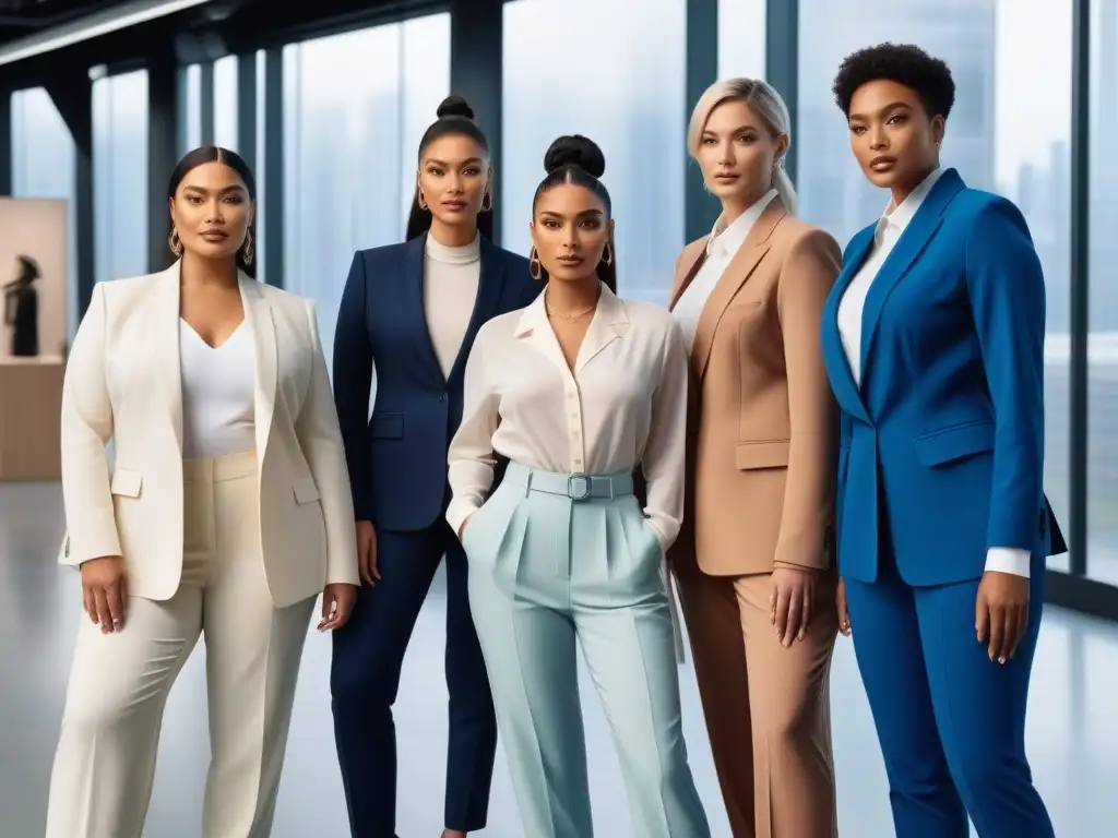 Mujeres profesionales diversas lucen moda inclusiva y empoderadora Un grupo de mujeres profesionales diversas, seguras y exitosas, posando juntas en ropa de trabajo inclusiva y elegante en un moderno espacio de oficina