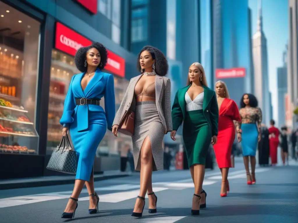 Moda inclusiva: mujeres petites empoderadas en la ciudad Un grupo de mujeres petites seguras y diversas caminan por la ciudad luciendo moda inclusiva, en un ambiente urbano vibrante