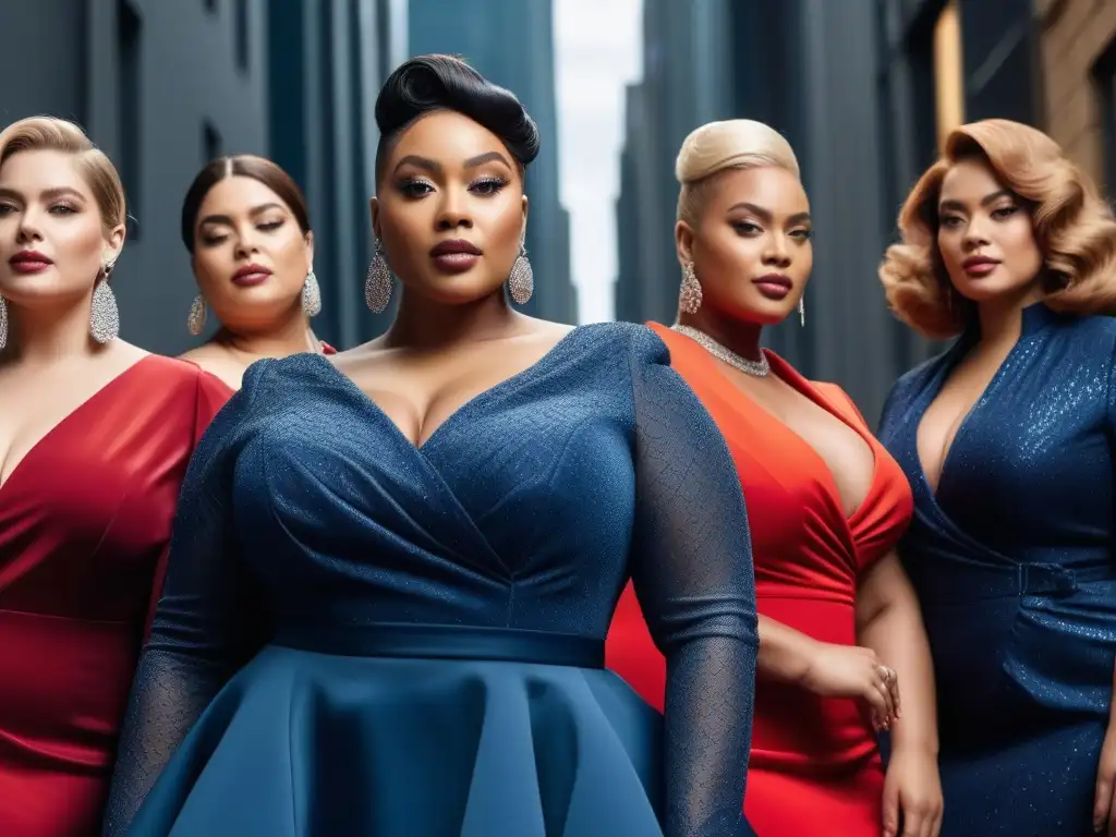 Elegantes mujeres plussize empoderadas en sofisticados vestidos Un grupo de mujeres plus size seguras y elegantes, luciendo vestidos sofisticados, unidas en un fondo moderno