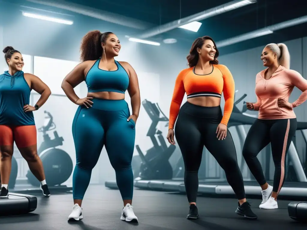 Empoderamiento plussize: belleza y fuerza en el gimnasio Un grupo de mujeres plus size diversas y seguras, usando moda activewear plus size inclusiva, compartiendo en un gimnasio con equipos modernos