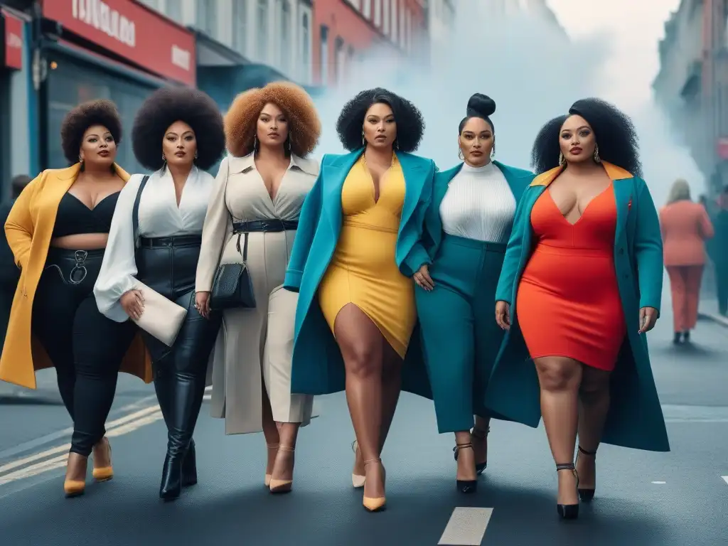 Desfile de moda plussize: empoderamiento y diversidad en la ciudad Un grupo de mujeres de talla grande seguras y diversas exhibiendo su estilo único en una calle de la ciudad