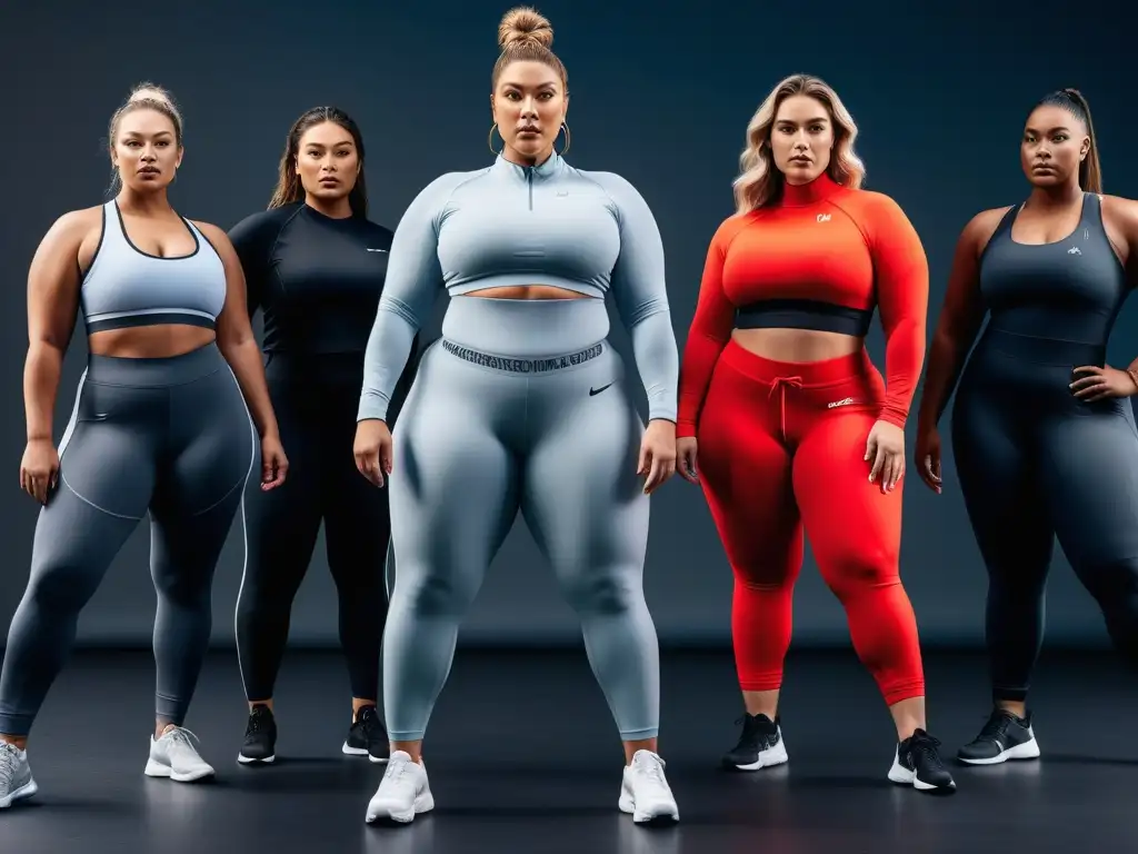 Grupo de mujeres de tallas grandes, diversas y seguras, luciendo moda deportiva de las mejores marcas en un estudio fitness moderno y luminoso, irradiando empoderamiento y positividad