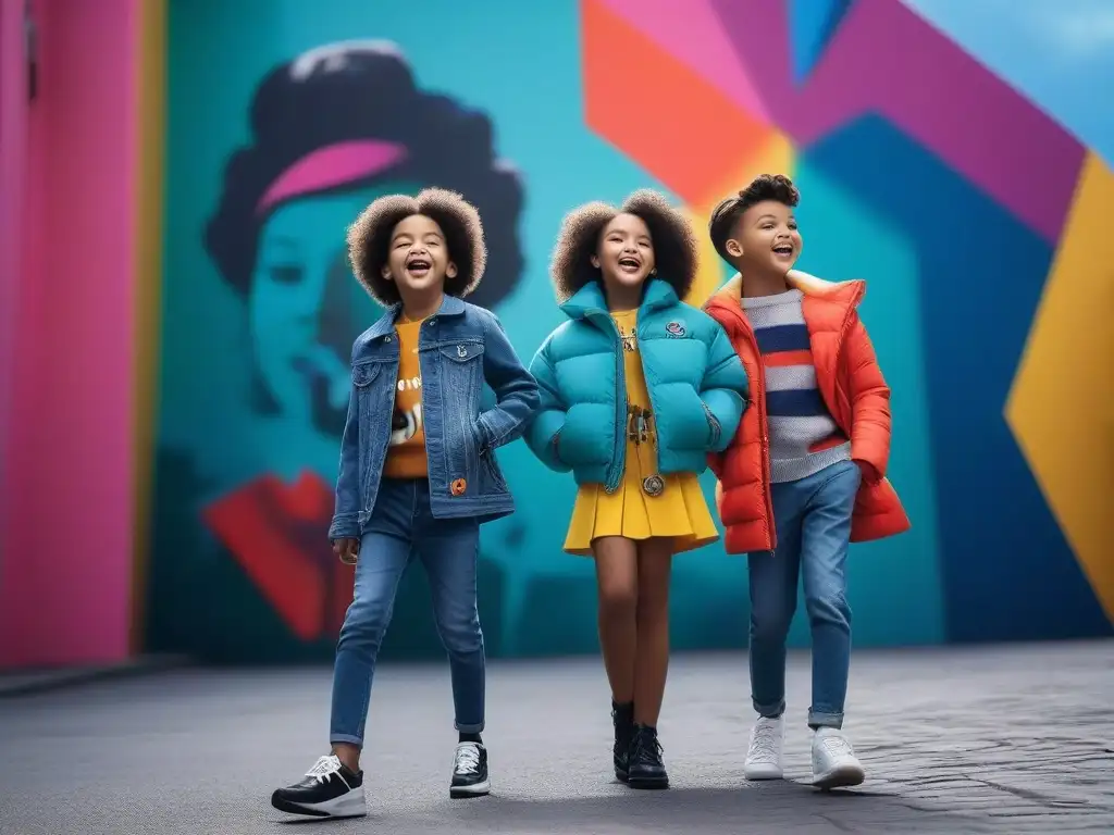 Niños multiculturales en moda urbana y diversión Grupo multicultural de niños riendo y jugando juntos en un entorno urbano lleno de arte callejero y arquitectura moderna