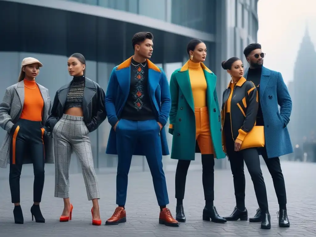 Moda infantil 2023: niños estilosos en la ciudad Grupo de niños altos en la última moda infantil 2023, posando con confianza en un entorno urbano chic y moderno