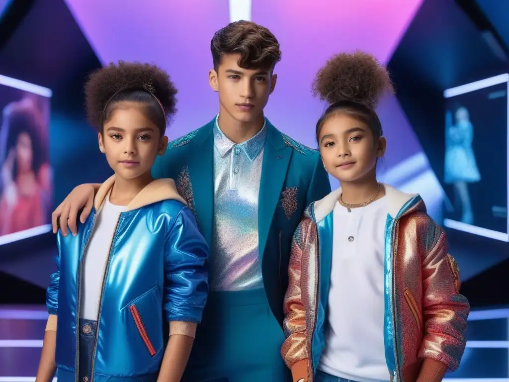 Moda infantil digital: Innovación y creatividad en acción Un grupo de niños diversos posan con atuendos digitales frente a un telón futurista, fusionando moda y tecnología