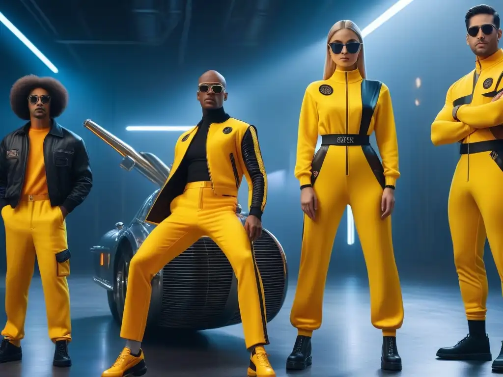 Niños icónicos de la cultura pop en 8k Un grupo de niños con atuendos pop culture; un jumpsuit amarillo, outfit rockero y accesorios futuristas