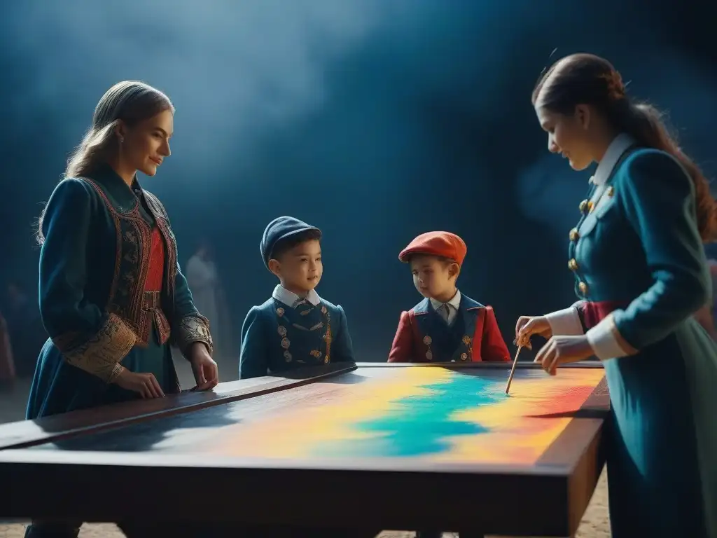 Niños creativos pintan juntos al sol Un grupo de niños diversos, cada uno con atuendos únicos y coloridos, pintan alegremente un gran lienzo juntos al aire libre bajo el brillante sol