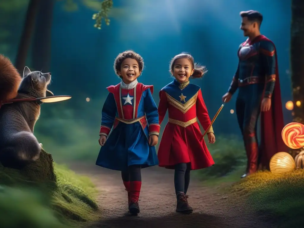 Fantasía infantil: disfraces creativos en un mundo mágico Un grupo de niños con disfraces creativos para niños únicos, en un escenario mágico y colorido