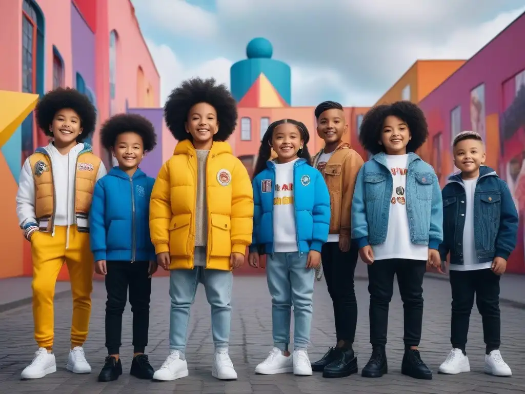 Niños diversos unidos en un futuro inclusivo Un grupo de niños diversos con atuendos culturales posan juntos en un parque urbano futurista