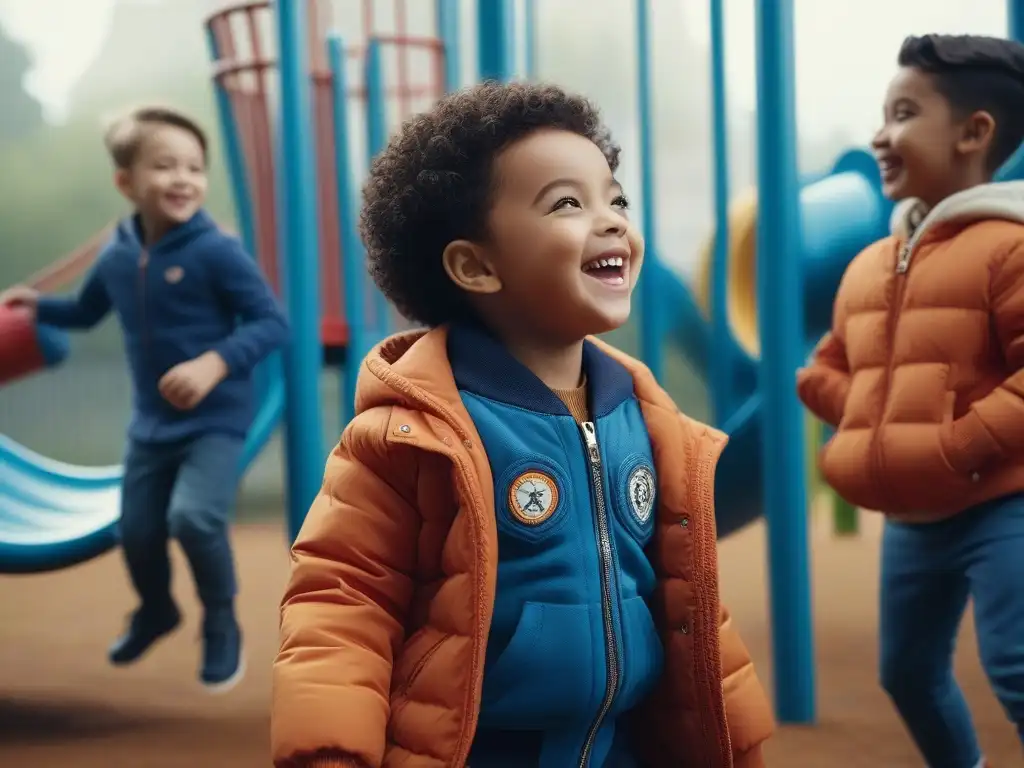 Parque inclusivo: Alegría y diversidad en la moda infantil Un grupo de niños diversos de diferentes etnias y habilidades, riendo y jugando juntos en un parque inclusivo y vibrante