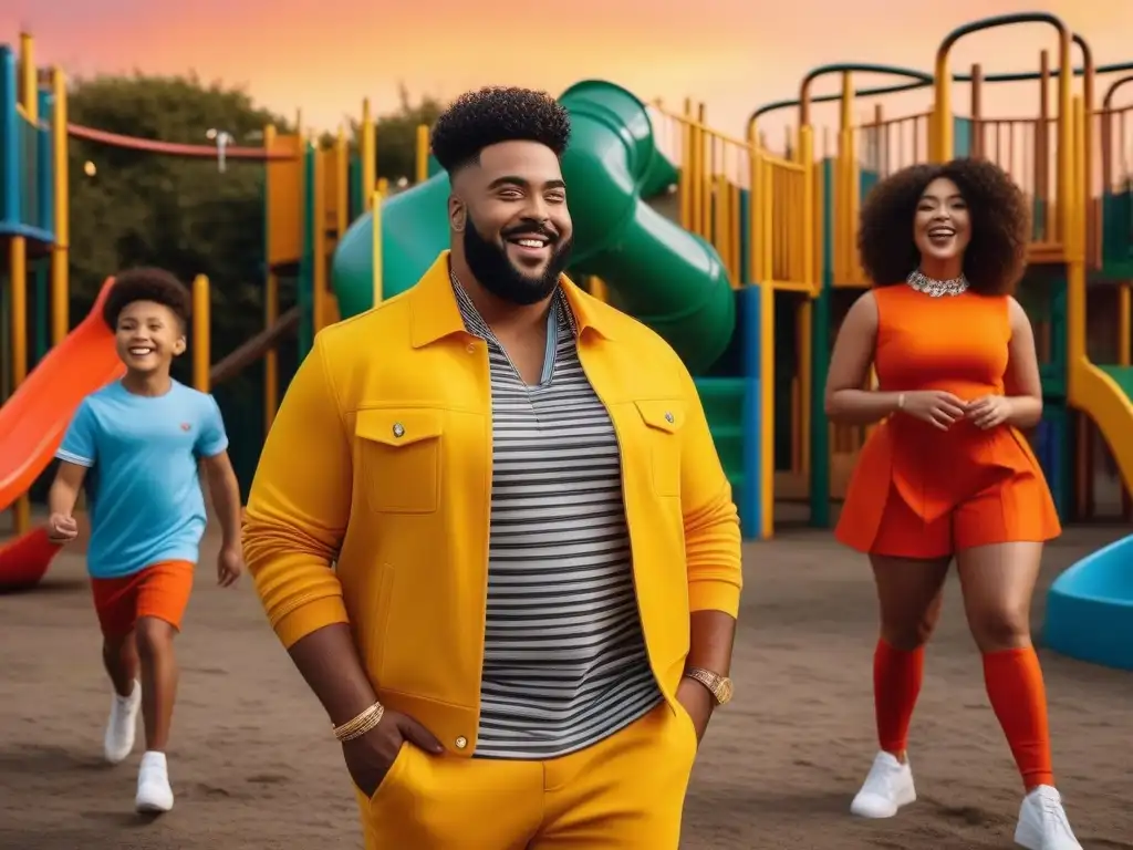 Niños felices y diversos en un parque inclusivo con moda plussize Un grupo de niños diversos y felices jugando en un parque inclusivo al atardecer, vistiendo moda infantil plus size exclusiva
