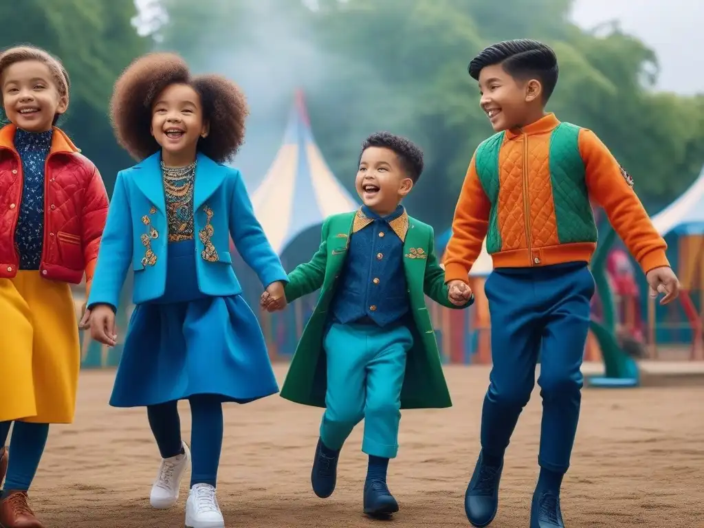 Niños felices y diversos en un parque inclusivo Grupo de niños diversos riendo y jugando juntos en un parque vibrante, vistiendo moda infantil inclusiva y diversa