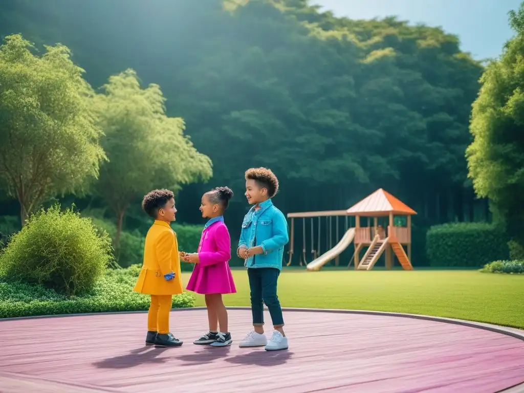 Grupo de niños diversos riendo y jugando juntos en mini outfits coloridos y elegantes, en un parque vibrante
