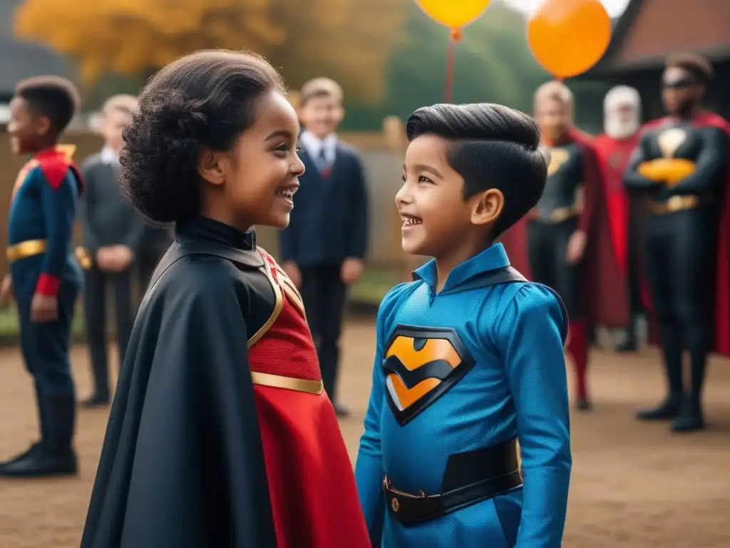 Niños disfrutan juntos con disfraces inclusivos en patio escolar Un grupo de niños diversos riendo y jugando juntos con disfraces inclusivos para Halloween en un patio escolar inclusivo y vibrante
