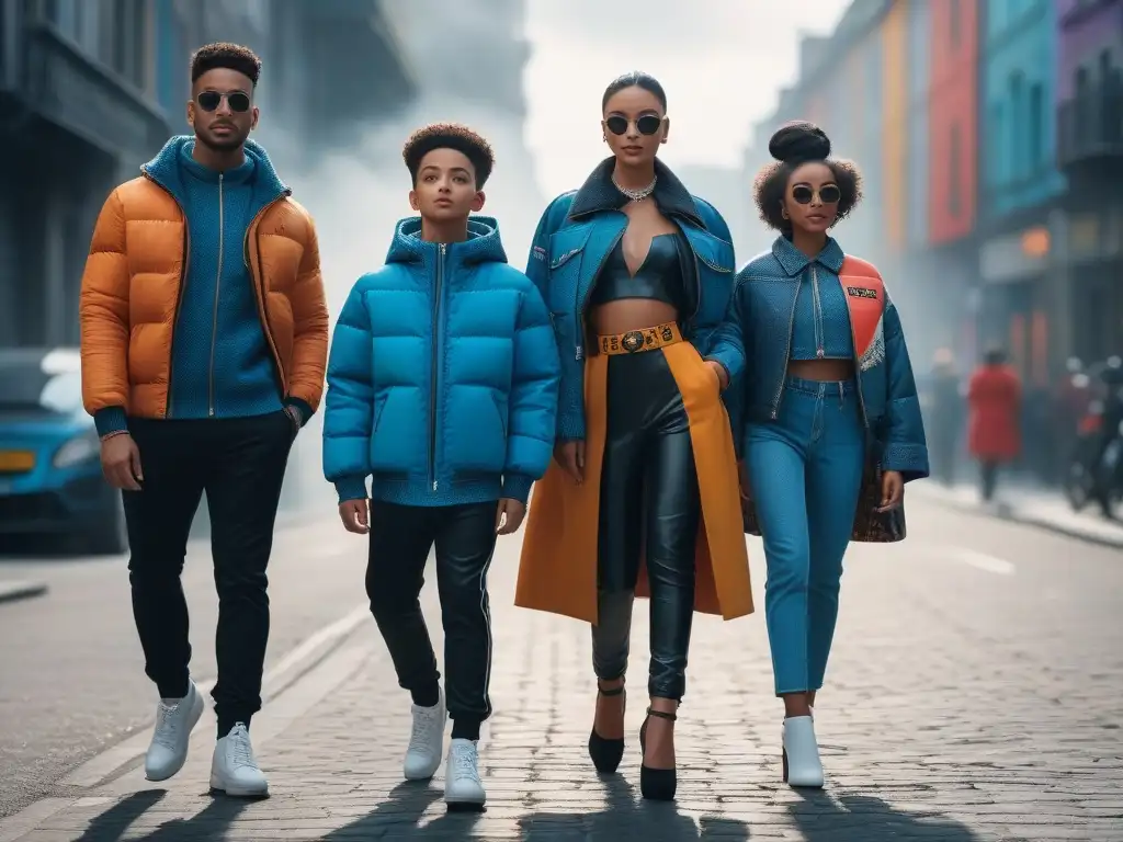 Estilo urbano: niños fashion en ciudad vibrante Grupo de niños con estilo y diversidad étnica, posando en la ciudad con moda infantil