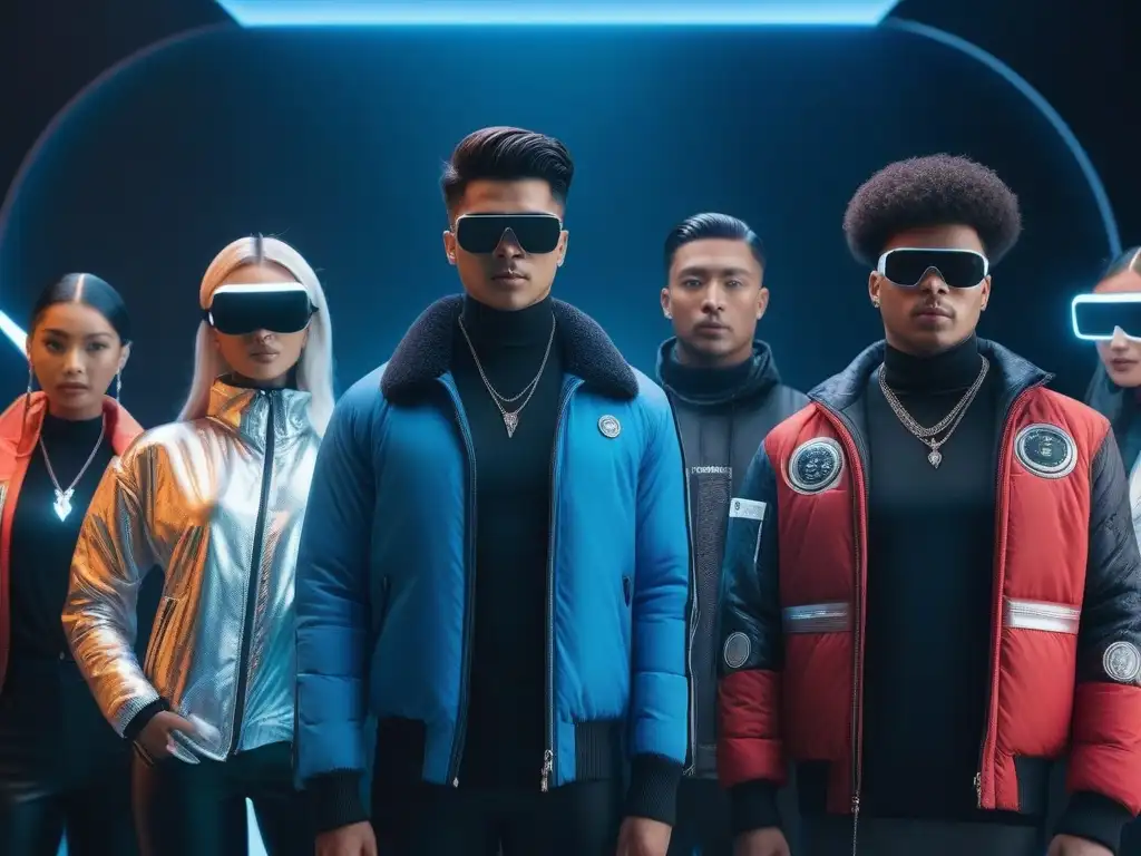 Niños del futuro: moda y tecnología en TikTok Un grupo de niños de diversas etnias viste atuendos futuristas, posando frente a una pantalla de TikTok con hologramas y elementos de realidad virtual