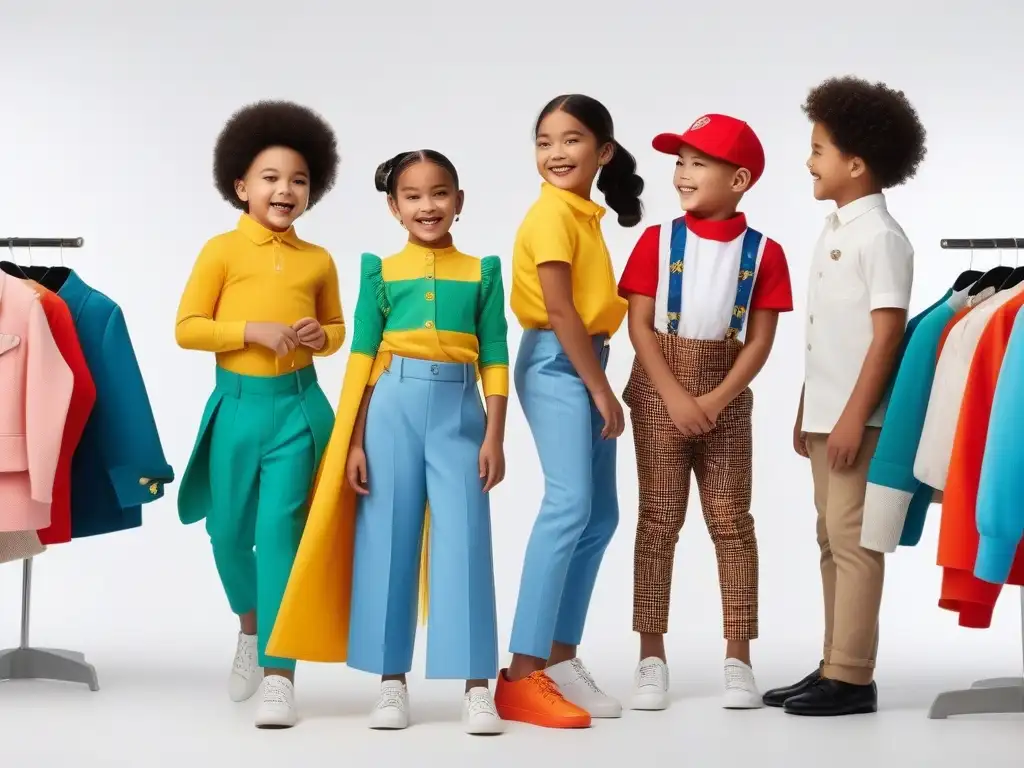 Niños felices exploran moda inclusiva en estudio de tendencias Un grupo de niños diversos, felices jugando a vestirse en un estudio de moda inclusiva