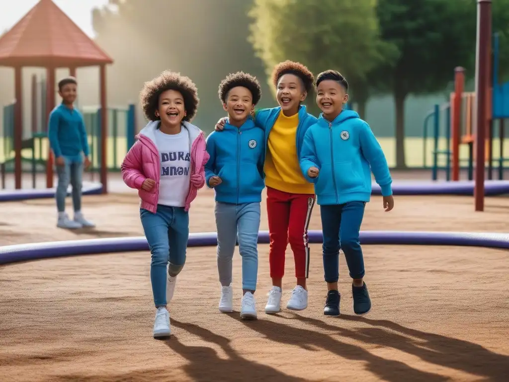 Niños felices y diversos jugando juntos en un parque moderno Un grupo de niños diversos juegan felices juntos en un parque moderno, luciendo ropa infantil unisex inclusiva