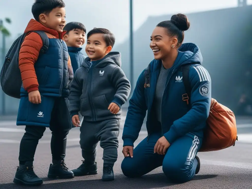 Niños felices jugando en parque inclusivo con ropa adaptativa Grupo de niños diversos felices jugando juntos en un parque infantil moderno, luciendo ropa adaptativa para niños con distintas habilidades