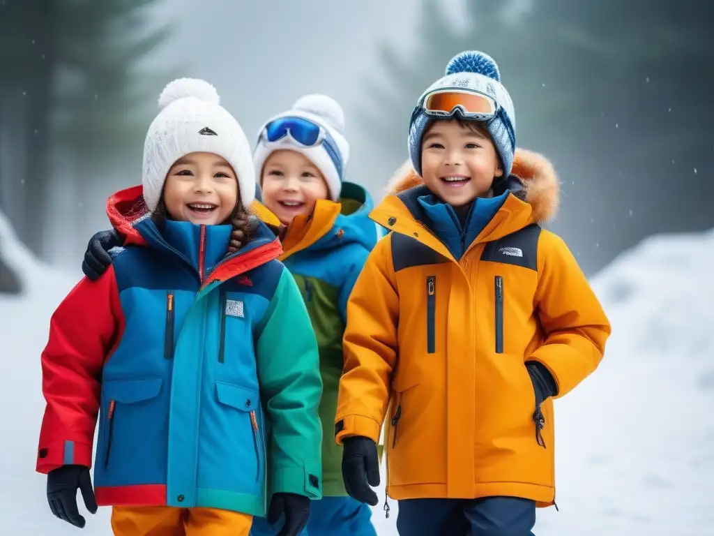 Niños felices jugando en la nieve con ropa de invierno de alta tecnología Grupo de niños jugando felices en la nieve con ropa infantil climas extremos protegidos
