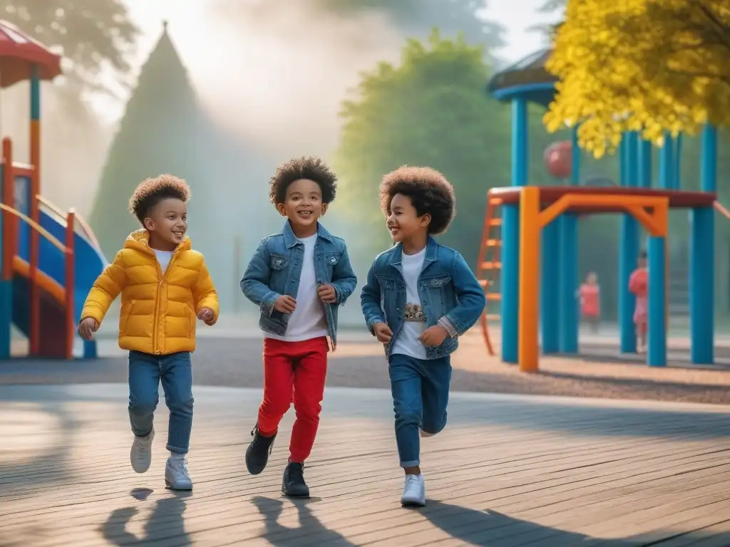 Niños felices y diversos jugando en parque inclusivo Un grupo de niños diversos juegan felices en un parque con moda infantil inclusiva tallas especiales