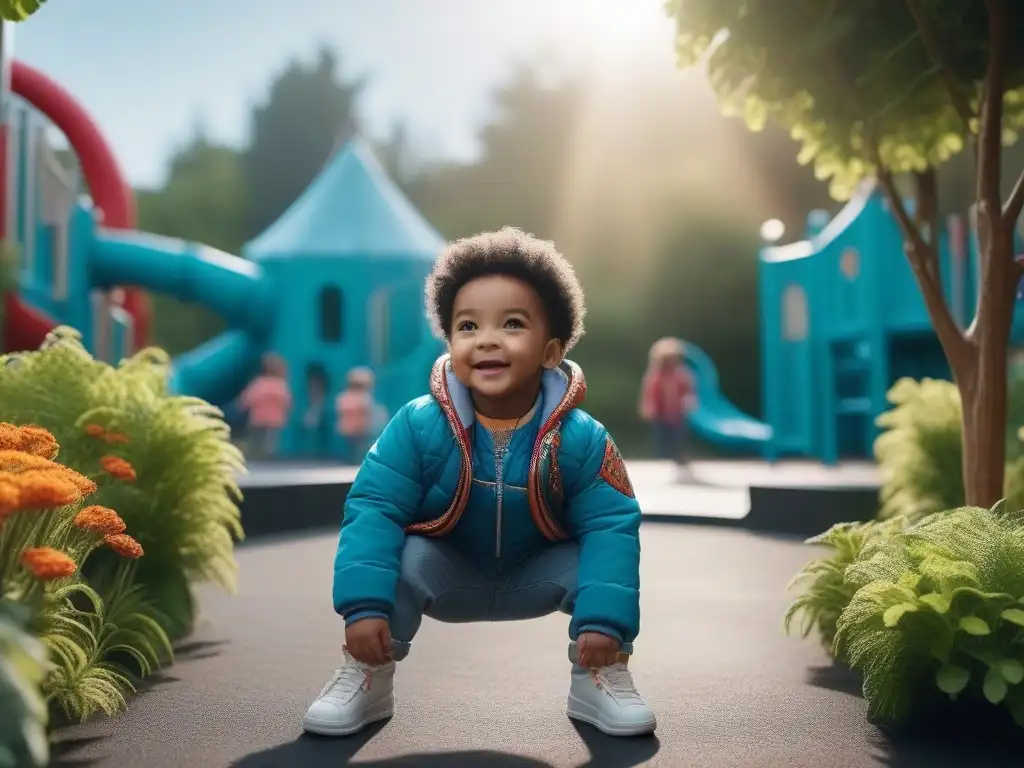 Niños felices lucen moda inclusiva en parque adaptado Grupo de niños diversos jugando felices en un parque inclusivo con moda adaptativa para niños