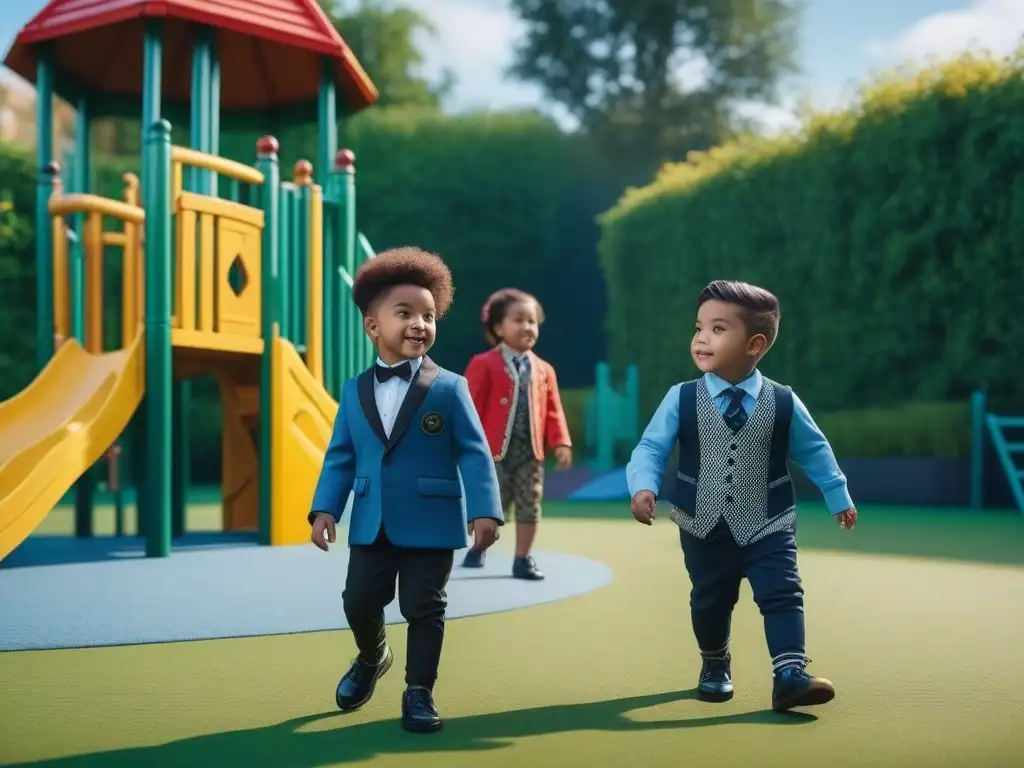 Niños felices y diversos juegan en un parque inclusivo y colorido Un grupo de niños diversos juegan felices en un parque colorido, vistiendo moda infantil inclusiva y diversa