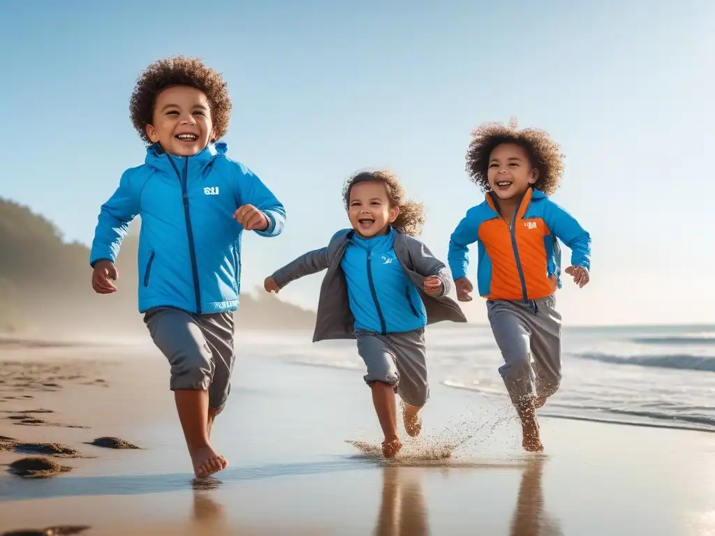 Moda UPF: Niños felices protegidos del sol en la playa Grupo de niños felices jugando en la playa con Ropa UPF niños protección solar, bajo un cielo azul brillante y el mar chispeante