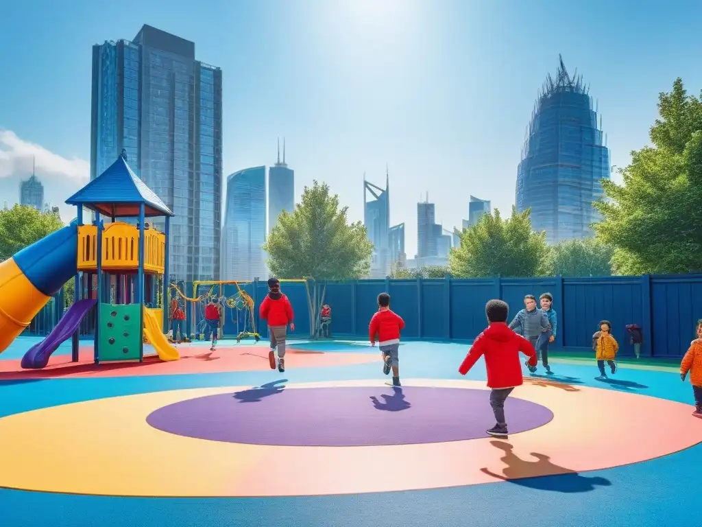 Niños diversos juegan felices en un parque inclusivo Un grupo de niños diversos juega feliz en un parque inclusivo y vibrante, simbolizando la moda infantil inclusiva y diversa