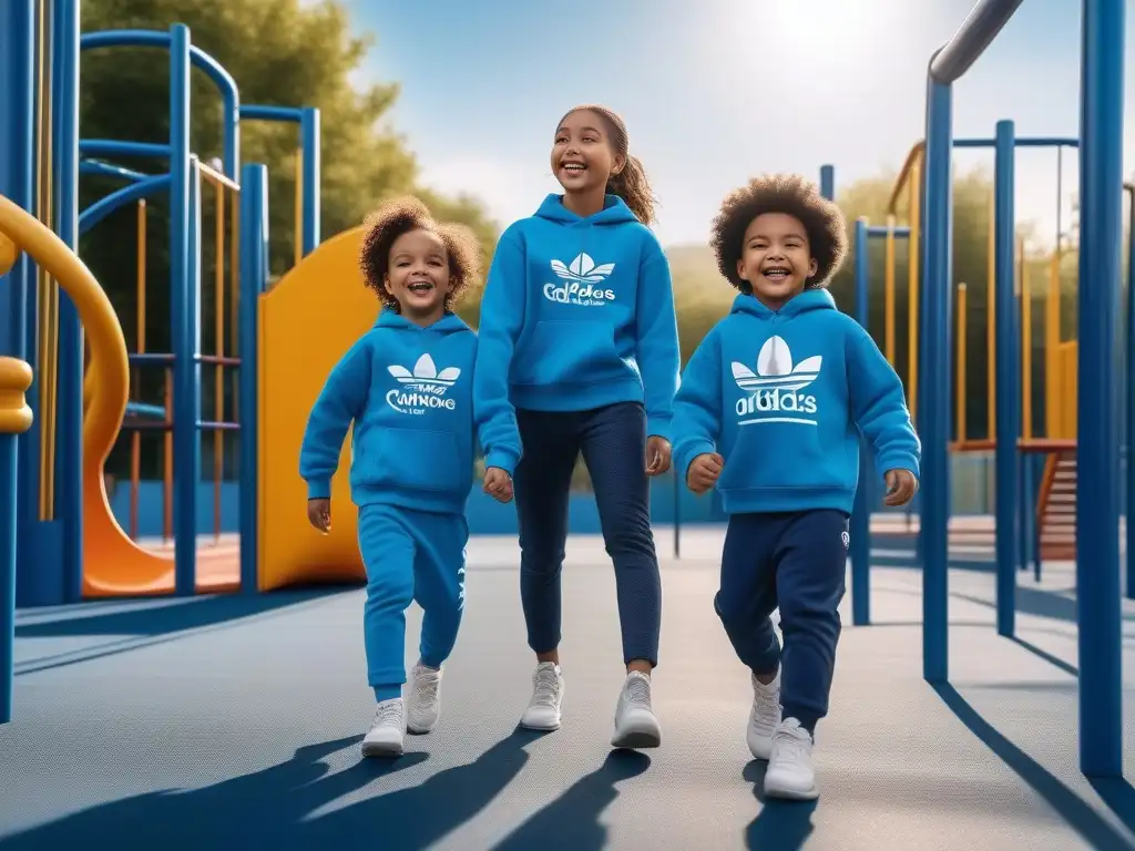 Niños felices juegan con ropa adaptativa innovadora en parque inclusivo Un grupo de niños diversos juega feliz con ropa adaptativa infantil necesidades especiales en un parque, simbolizando inclusión y alegría