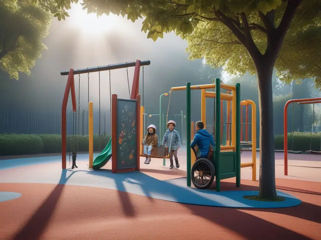 Parque inclusivo: niños felices jugando en un espacio adaptado Un grupo de niños con diferentes habilidades juegan felices en un parque inclusivo, reflejando la moda adaptativa para niños