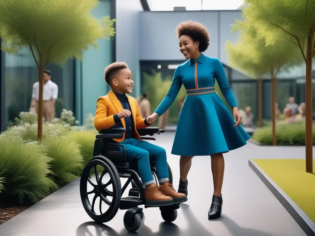 Niños jugando felices en parque inclusivo Un grupo de niños diversos disfrutan juntos en un parque futurista con ropa adaptativa para niños, promoviendo la inclusión y modernidad