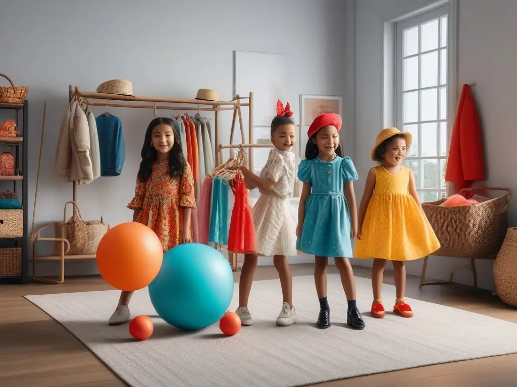 Divertida sesión de moda infantil con ropa colorida y creativa Un grupo de niños diversos juegan a disfrazarse con moda infantil en una habitación llena de color y creatividad, expresando su personalidad