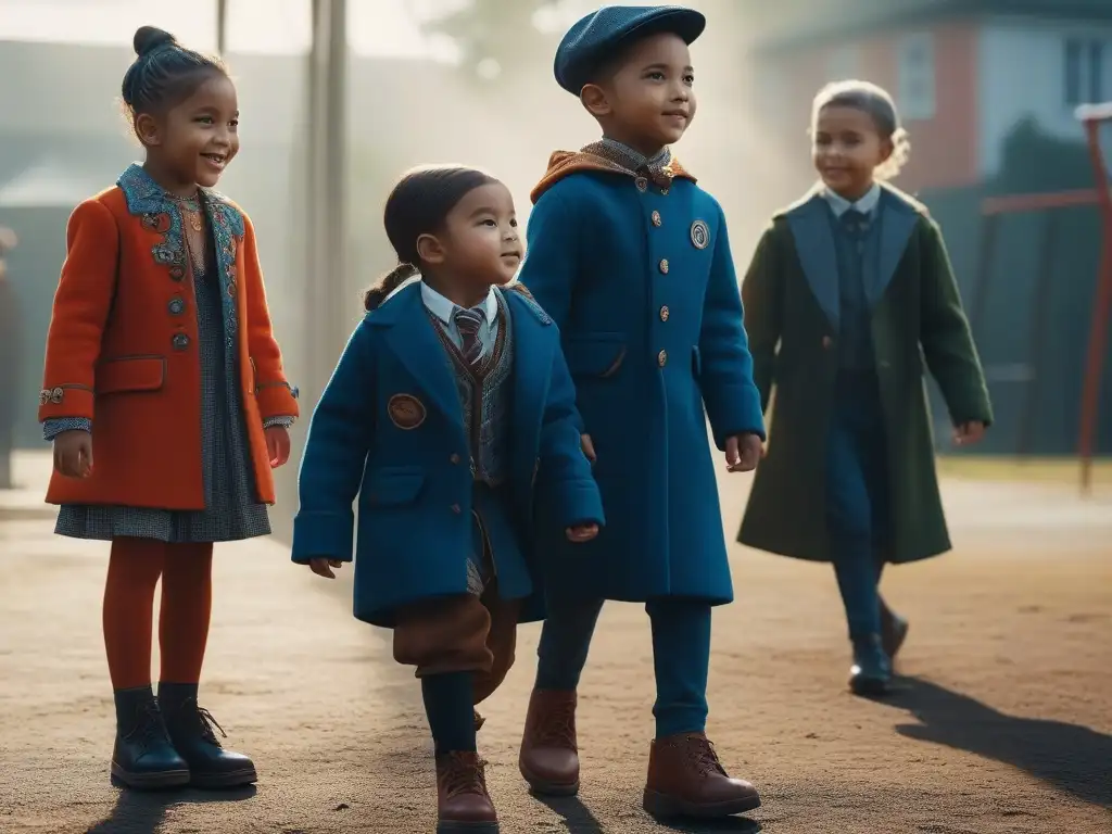 Juego y diversidad: niños felices en un parque inclusivo Un grupo de niños diversos juega alegremente en un parque inclusivo, vistiendo moda única que refleja su diversidad