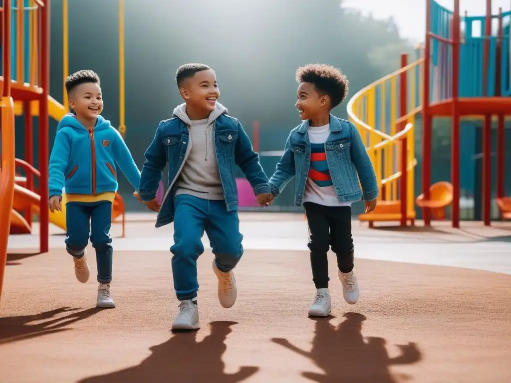 Moda infantil inclusiva y diversa en un parque vibrante Un grupo de niños diversos juega alegremente en un parque inclusivo y moderno