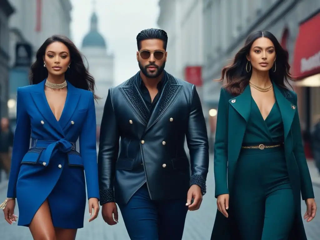Moda alta y única: elegancia y confianza en la ciudad Grupo de personas altas caminando con confianza por la ciudad, luciendo moda única y elegante