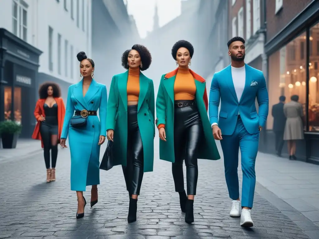Un grupo de personas altas y diversas caminando con confianza por una calle de la ciudad, vestidas con moda tall inclusiva y diversa