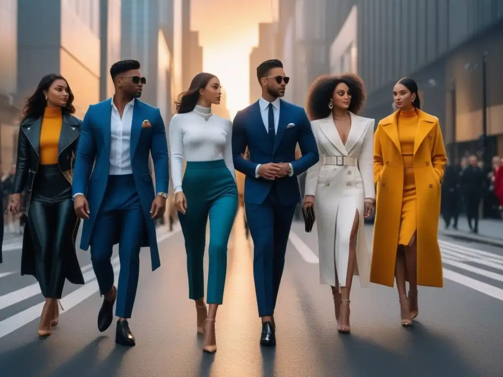 Elegantes y seguros: grupo de altos paseando por la ciudad al atardecer Un grupo de personas altas y seguras caminando por una bulliciosa calle de la ciudad, luciendo elegantes atuendos que resaltan su estatura