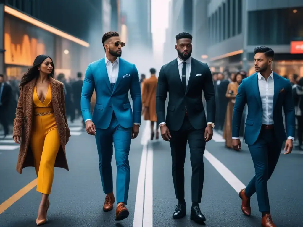 Estilo alto y seguro en la ciudad: moda y confianza en la altura Un grupo de personas altas y seguras de sí mismas, con atuendos de moda tall, caminando por la ciudad