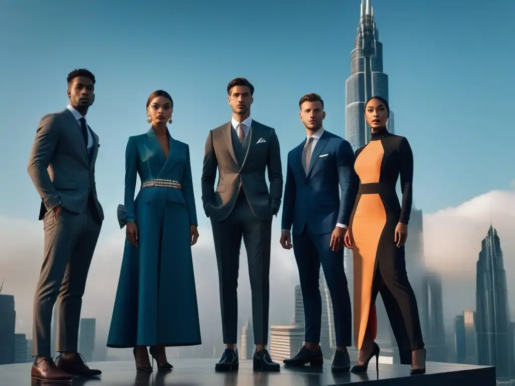 Moda de altura: elegancia contemporánea frente al futuro Un grupo de personas altas y seguras, vistiendo estilos de moda atemporales y contemporáneos frente a un rascacielos futurista al atardecer