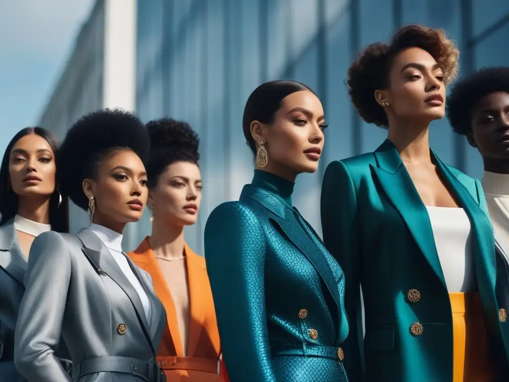 Moda inclusiva para altos: diversidad y estilo Un grupo de personas altas y seguras de sí mismas, luciendo orgullosamente diseños de moda inclusiva y trendy