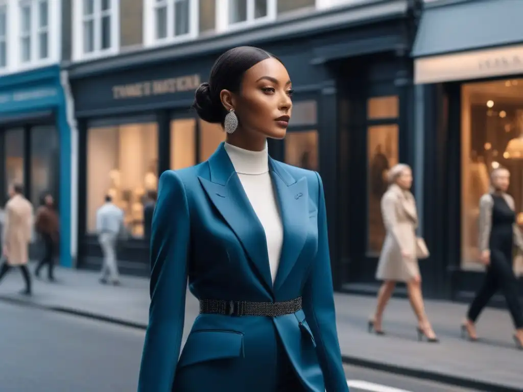Moda inclusiva para altos: elegancia y confianza en la ciudad Un grupo de personas altas vestidas con elegancia caminan seguras por una calle urbana, mostrando moda inclusiva para personas altas
