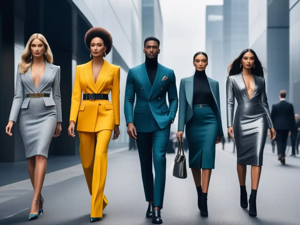 Moda para altos: estilo y confianza en la ciudad Grupo de personas altas elegantemente vestidas caminando con confianza por una bulliciosa calle de la ciudad