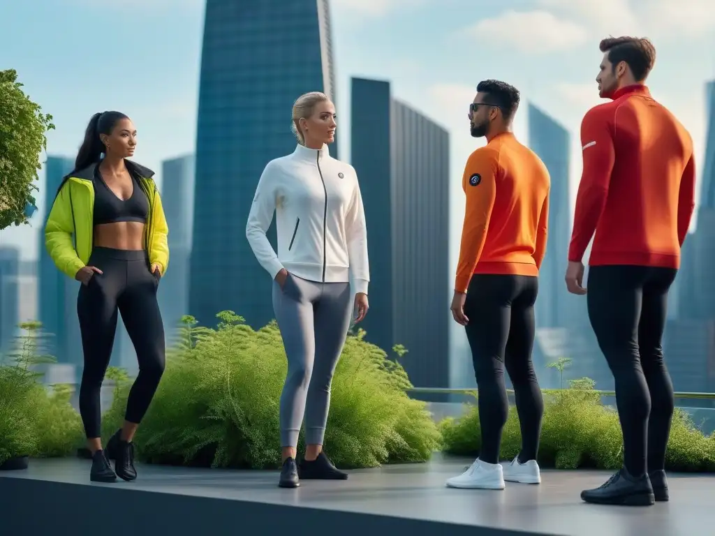 Moda inteligente para climas cálidos: tech y naturaleza Un grupo de personas diversas en ropa tecnológica para diferentes climas, en una azotea futurista al atardecer