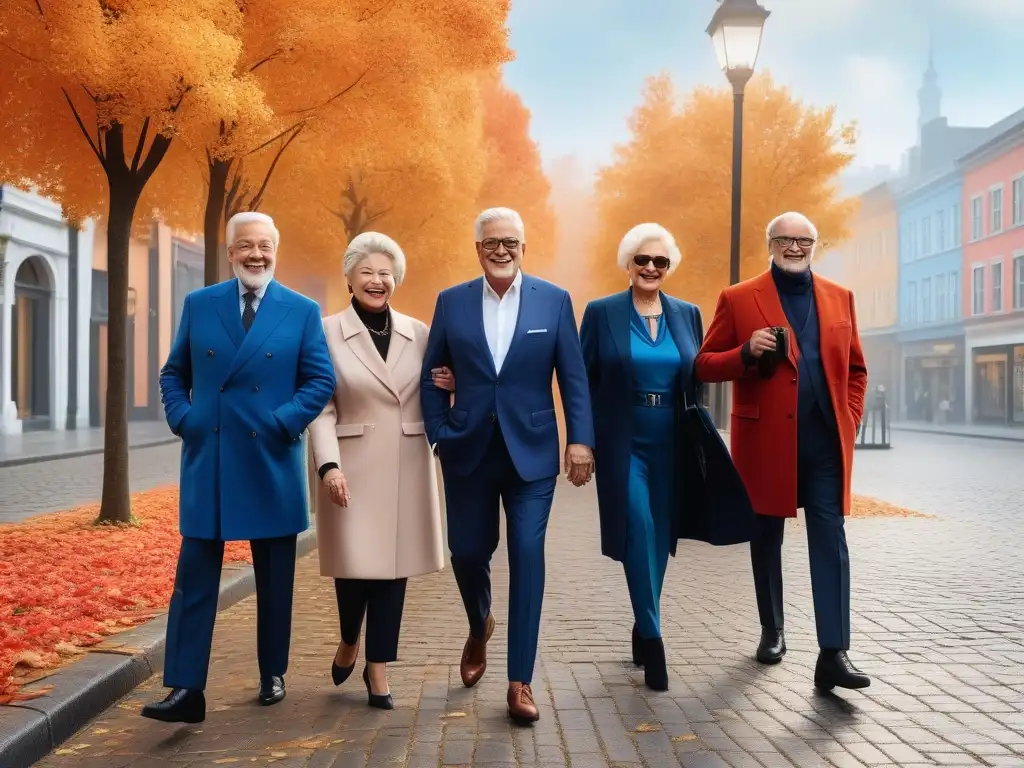 Estilo para todos: Seniors seguros y elegantes en la ciudad Un grupo de personas mayores diverso y elegante muestra estilo para todos los cuerpos en una calle urbana de otoño