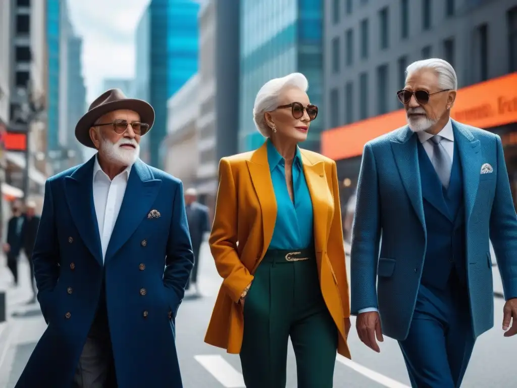 Moda senior urbana y chic: estilos modernos y clásicos en la ciudad Un grupo de personas mayores con estilo caminando con confianza por una calle de la ciudad, mostrando una mezcla de moda clásica y moderna