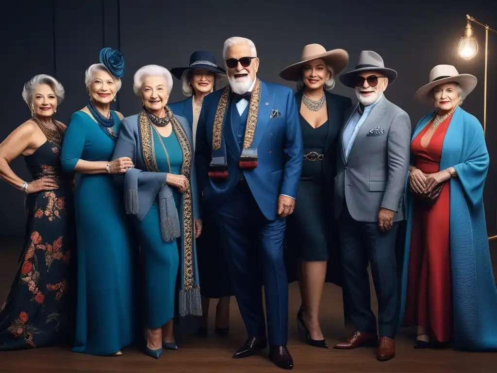 Estilo senior: moda única y segura para todos los cuerpos Un grupo de personas mayores con estilo mostrando su moda única, destacando accesorios que complementan sus cuerpos