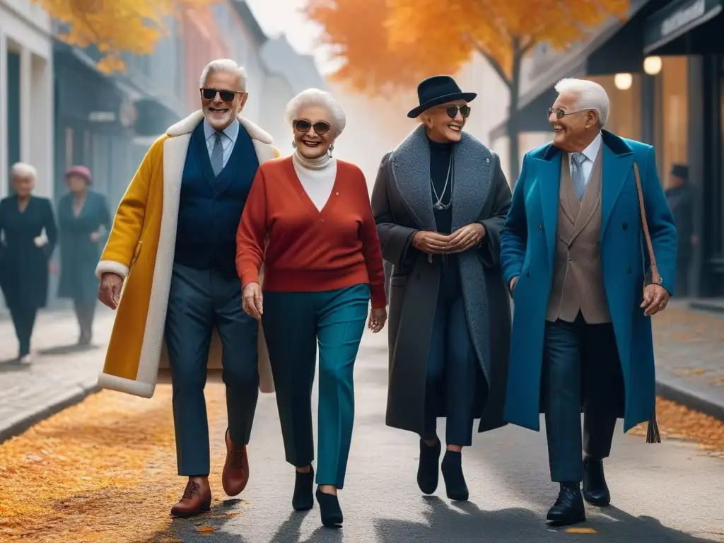 Seniors fashionistas pasean con estilo por la ciudad Un grupo de personas mayores de diversos tipos de cuerpo y etnias caminando con estilo por la ciudad