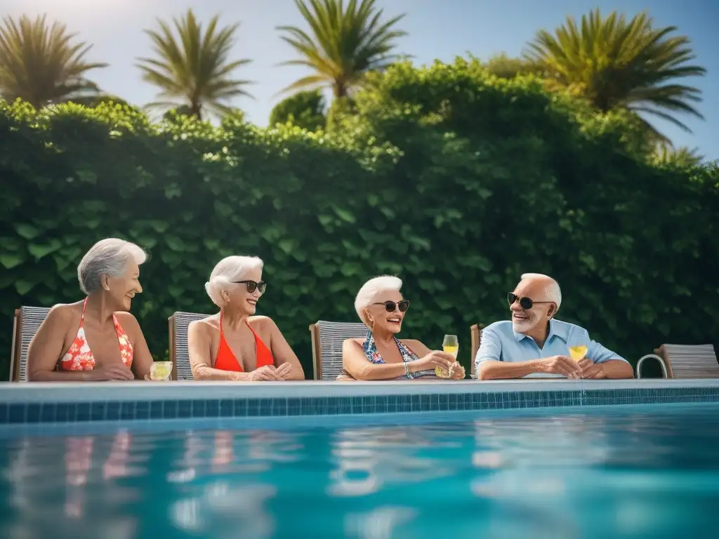 Estilo y vitalidad: bañadores elegantes para seniors Un grupo de seniors disfruta en la piscina con elegante ropa de baño para seniors, irradiando vitalidad y estilo atemporal