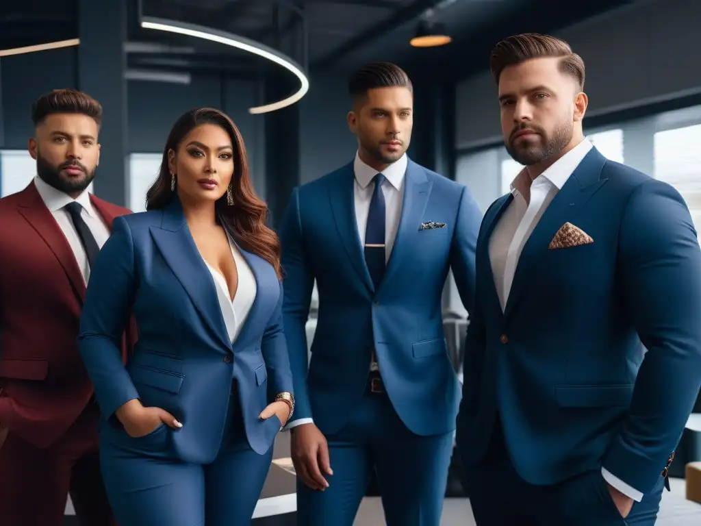 Empoderamiento y estilo en trajes de talla grande para profesionales Grupo de profesionales seguros en trajes de talla grande ajustados, irradiando empoderamiento y estilo en un entorno de oficina contemporáneo